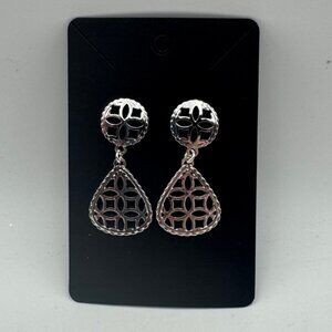 Silver-Tone Teardrop Dangle Earrings Intricate Filigree Cutout Design NEW